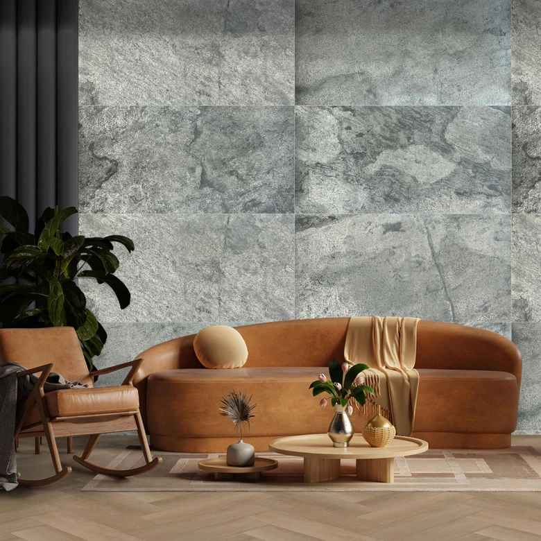 Echtstein - 3D Wandpaneel, Set aus 6 Natursteinplatten als luxuriöse Wandverkleidung - Glimmerschiefer Silber 