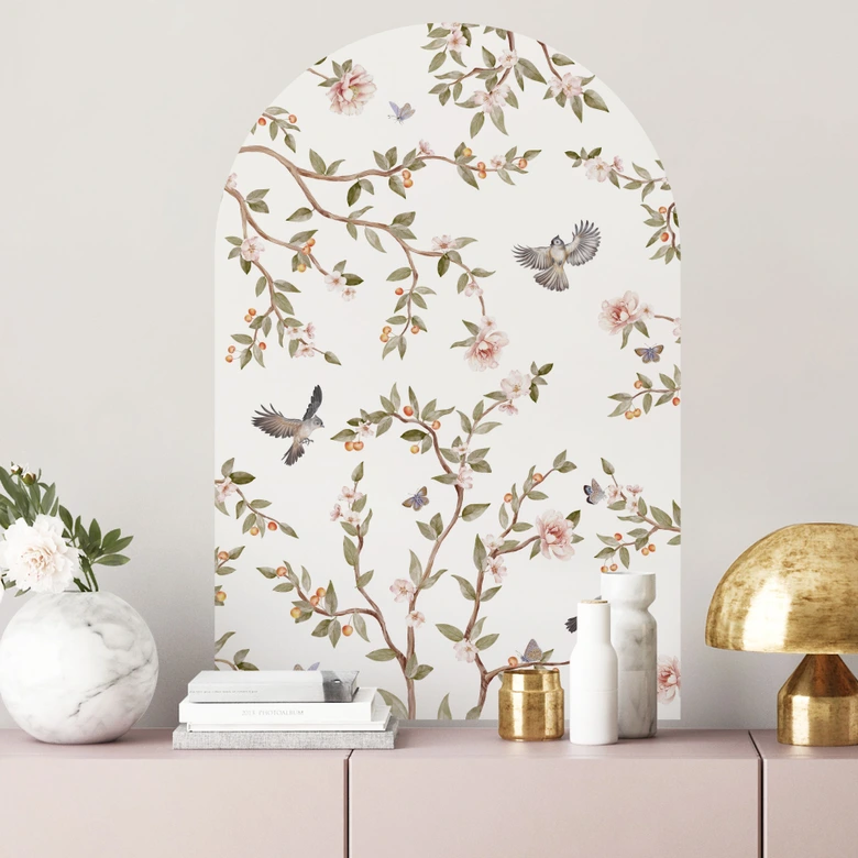 Wallsticker rundbue vægpanel rosenbusk med fugle - Kikki Belle - bred 