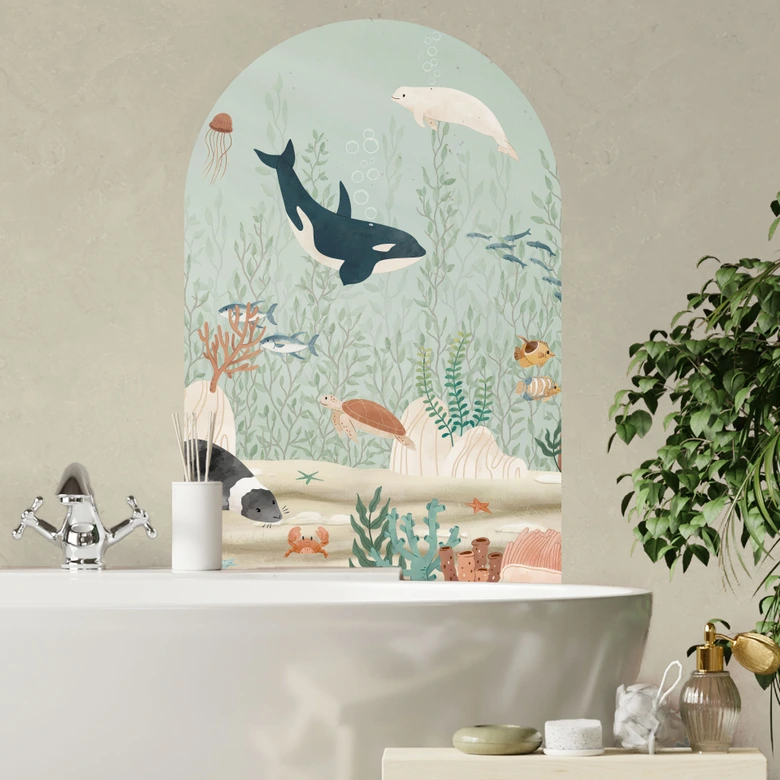 Sticker mural arrondi Panneau mural animaux marins au fond de l'océan - Oliver Robins - large 