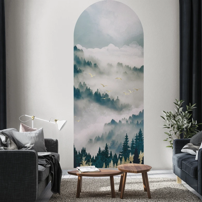 Muursticker rond boogpaneel Mysterieuze mist in het bos - SpaceFrog Designs - narrow 