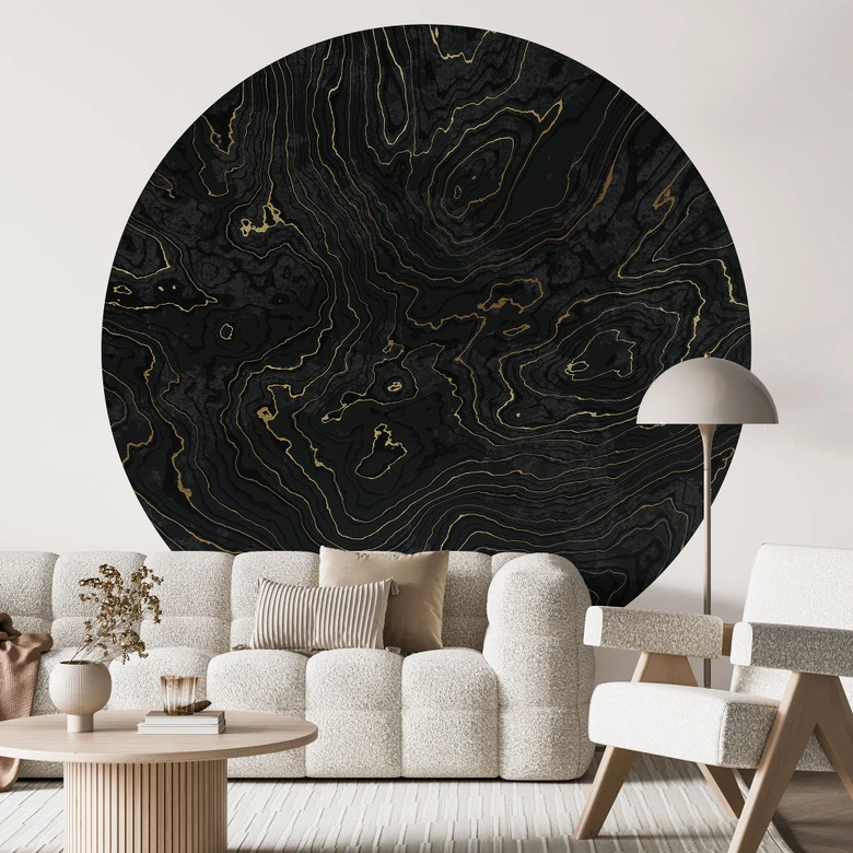 Wall Mural Abstract Lines Black-gold - Amini - Round - Self-adhesive/non-woven 