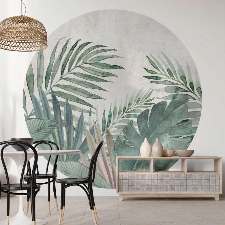 Jungle Leaves Groen Aquarel Fotobehang - Bloemdecor - Rond - vliesbehang/zelfklevend vliesbehang 