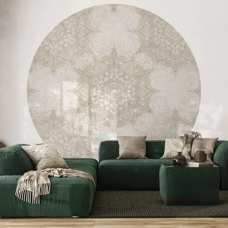 Elegant mandala-fototapet i sandguld - Bloomery Decor - Rundt - selvklæbende/ikke-vævet 