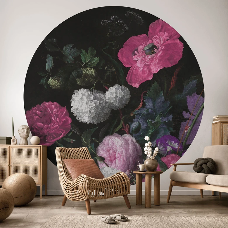 Fleurs Papier peint photo Bouquet floral style mignonnette - Bloomery Decor - Rond - papier peint intissé/papier peint intissé autocollant 
