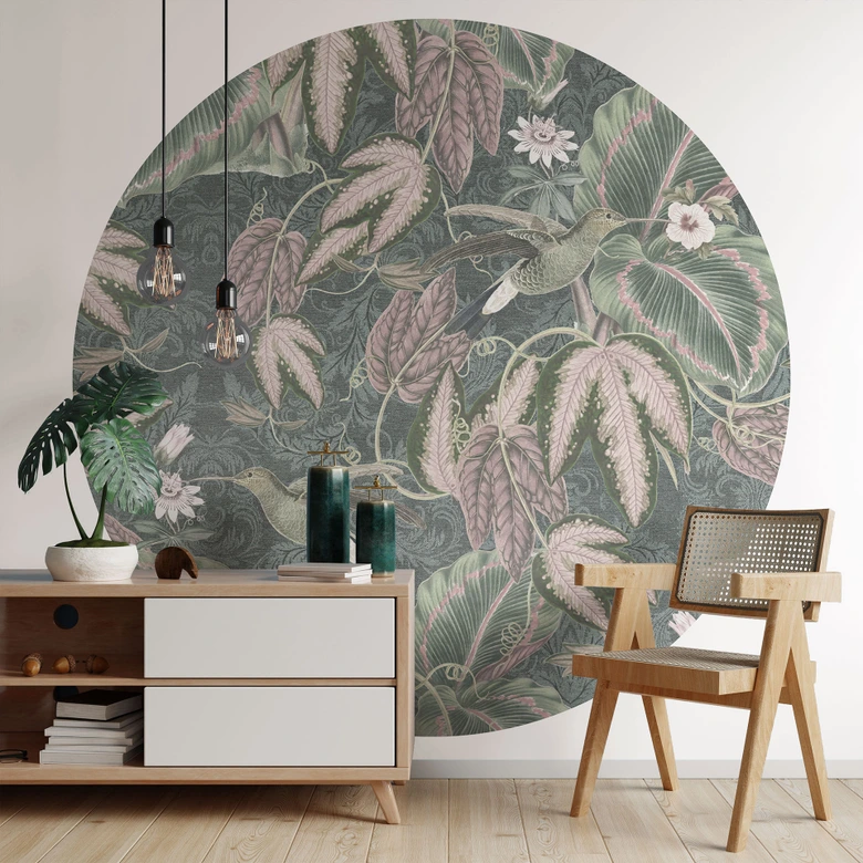 Kolibri i en tropisk skog Fototapet - Bloomery Decor - Rund - självhäftande/icke-vävd 