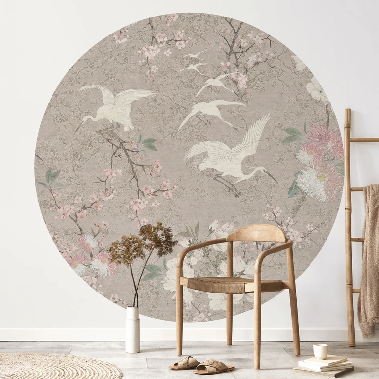 Fototapete Kraniche im Kirschblüten-Rausch Beige | Chinoiserie Tapete - Bloomery Decor - Rund - Selbstklebend/Vlies 