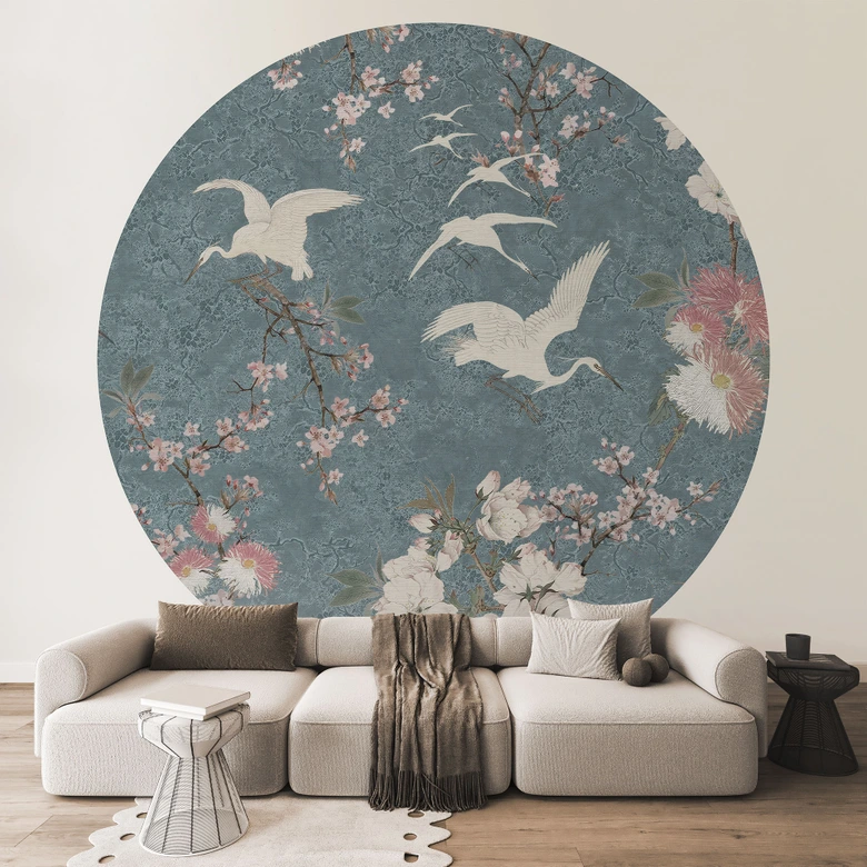 Fototapete Kraniche im Kirschblüten-Rausch Blau - Bloomery Decor - Rund - Selbstklebend/Vlies 
