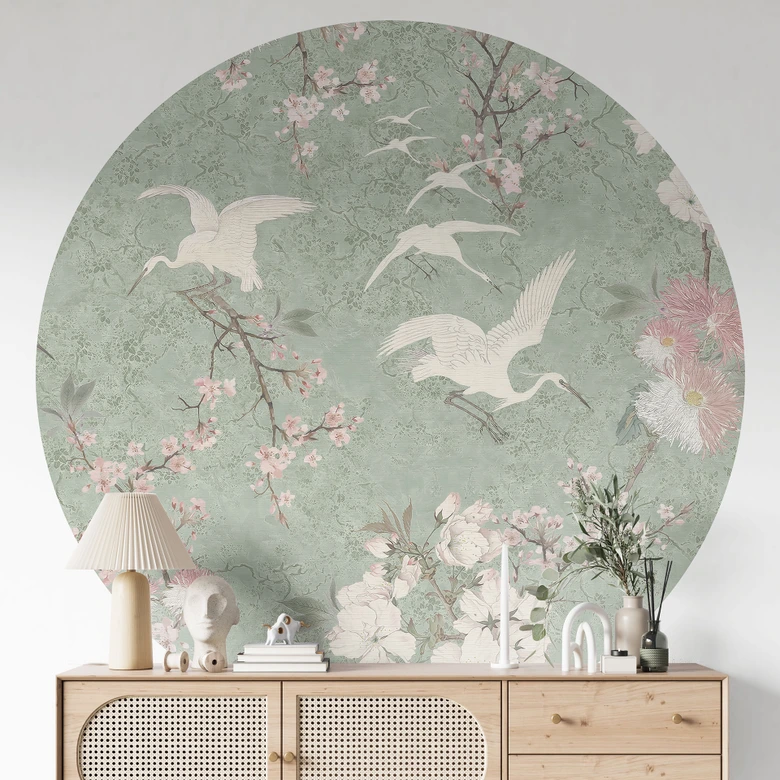Fototapete Chinoiserie - Kraniche im Kirschblüten-Rausch Grün - Bloomery Decor - Rund - Selbstklebend/Vlies 