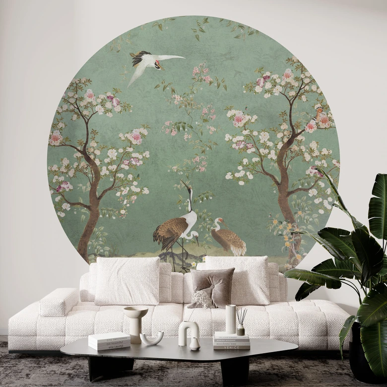 Fototapete Kraniche in floraler Landschaft - Bloomery Decor - Rund - Selbstklebend/Vlies 