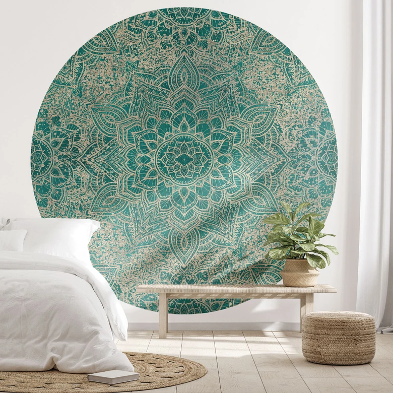Fototapete Orientalisch - Mandala Boho Gold-grün - Bloomery Decor - Rund - Selbstklebend/Vlies 