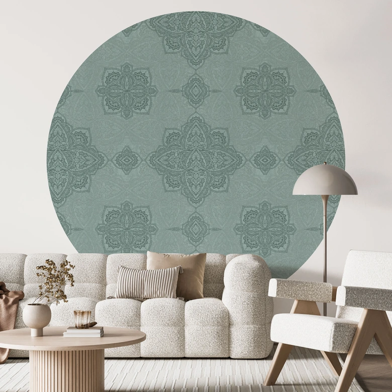 Fotobehang Ornamenten - Mandala Patroon Marrakech Groen - Bloemdecor - Rond - Zelfklevend/niet-geweven 