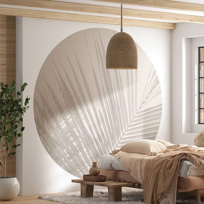 Fototapete Palmenblätter in Leinenoptik - Bloomery Decor - Rund - Selbstklebend/Vlies 