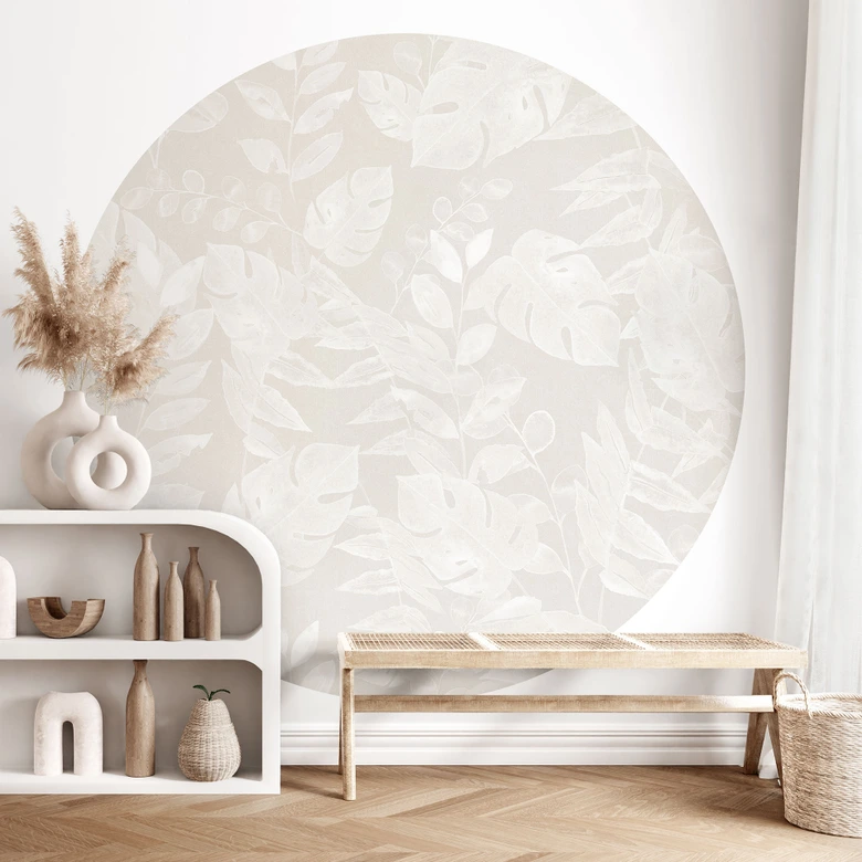Fototapete Tropische Blätter Beige - Bloomery Decor - Rund - Selbstklebend/Vlies 