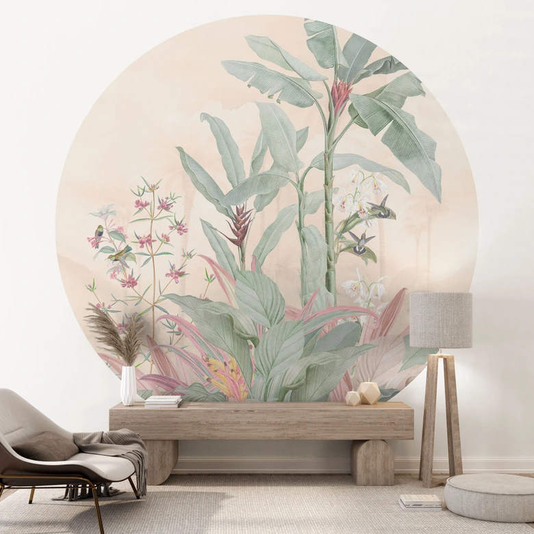 Fototapete Tropische Idylle mit Kolibri Apricot - Bloomery Decor - Rund - Selbstklebend/Vlies 