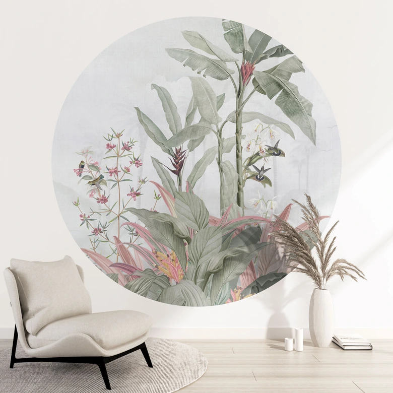 Fototapete Dschungeltapete Tropische Idylle mit Kolibri Blau - Bloomery Decor - Rund - Selbstklebend/Vlies 