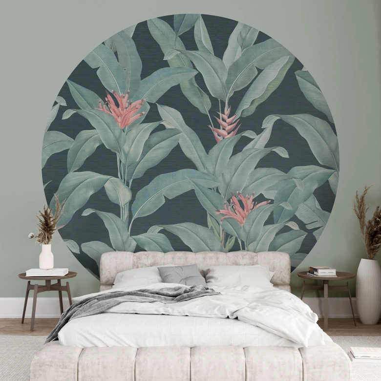 Botanical Wall Mural Urban Jungle Tropical Leaves Green - Bloomery Decor - Round - Self-adhesive/non-woven 