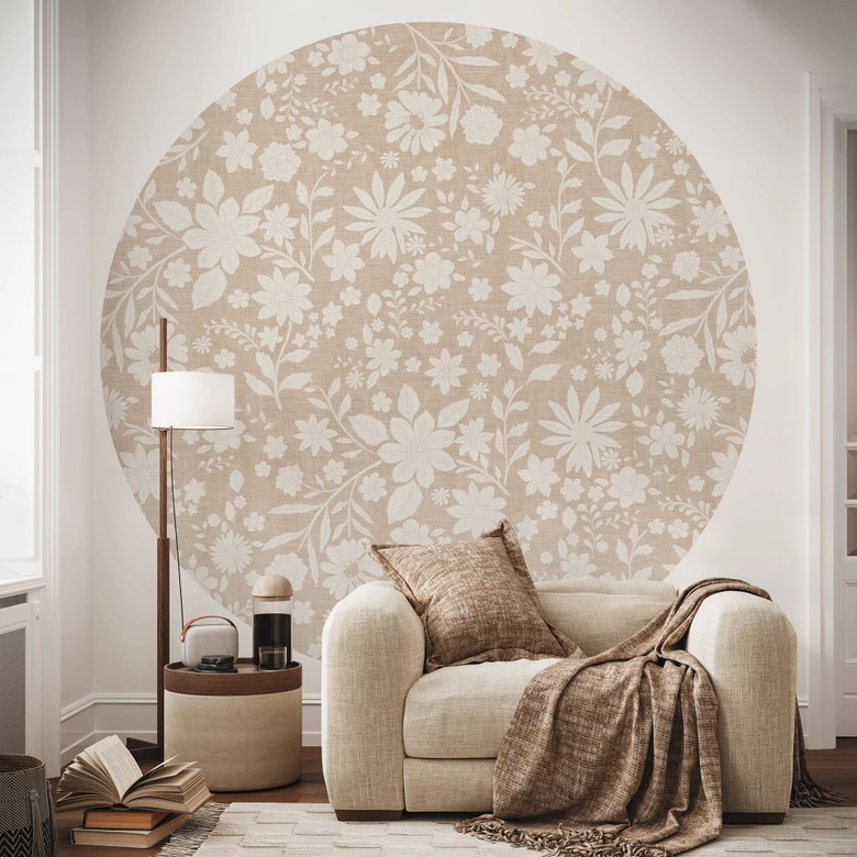 Wall Mural Vintage Flowers in Linen Look - Bloomery Decor - Round - Self-adhesive/non-woven 