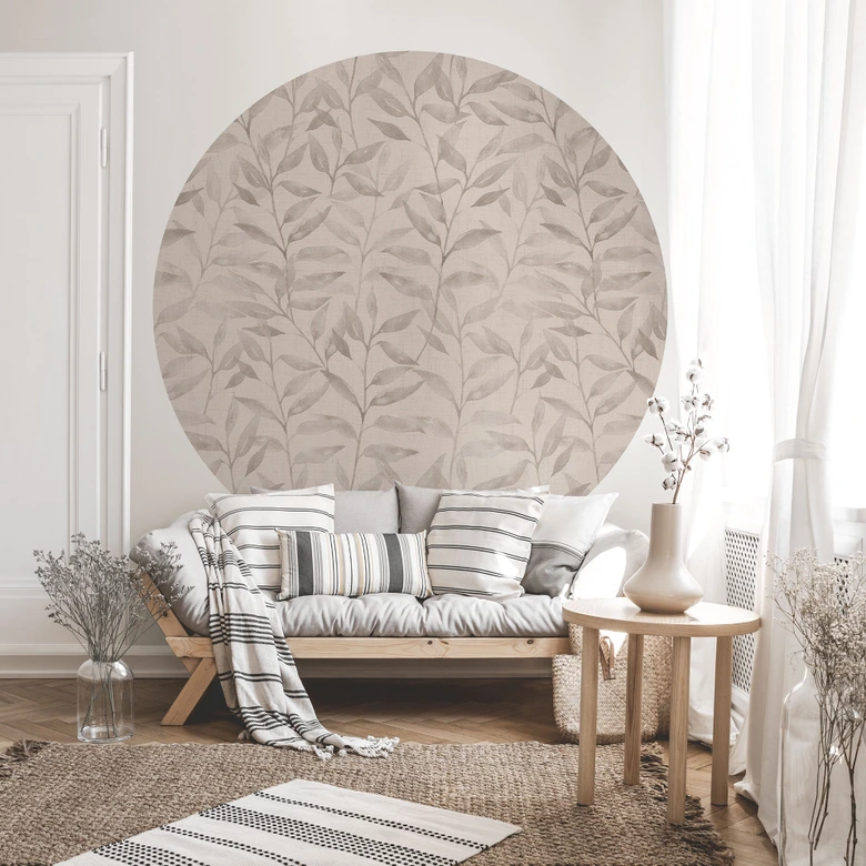 Fototapete Zarte Aquarell-Blätter - Soft Grau - Bloomery Decor - Rund - Selbstklebend/Vlies 