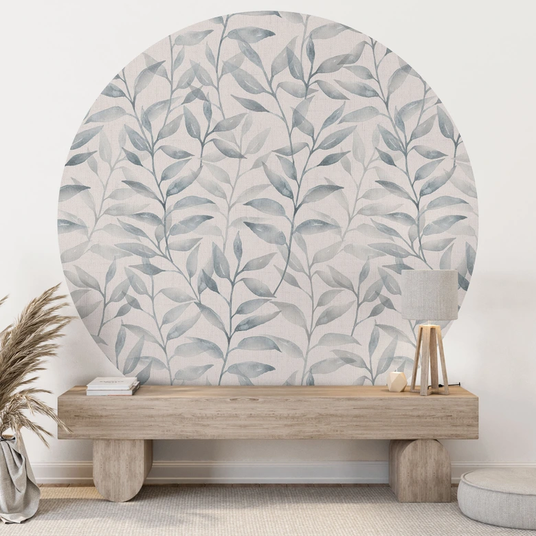 Fototapeta Delicate Watercolour Leaves - Soft Grey - Bloomery Decor - Okrągła - Samoprzylepna / nietkana 