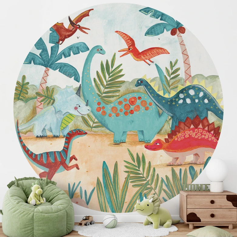 Papier peint photo pour la chambre d'enfant - Dinosaures colorés dans la forêt préhistorique - Bonne Muller - Rond - papier peint intissé/papier peint intissé autocollant 