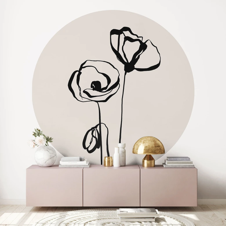 Fototapete Line Art Zwei Mohnblumen - Cats & Dotz - Rund - Selbstklebend/Vlies 