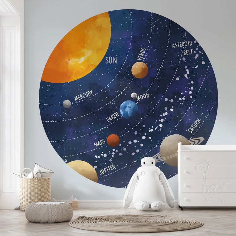 Zonnestelsel met planeten en zon Fotobehang - Cats & Dotz - Rond - Zelfklevend/niet-geweven 
