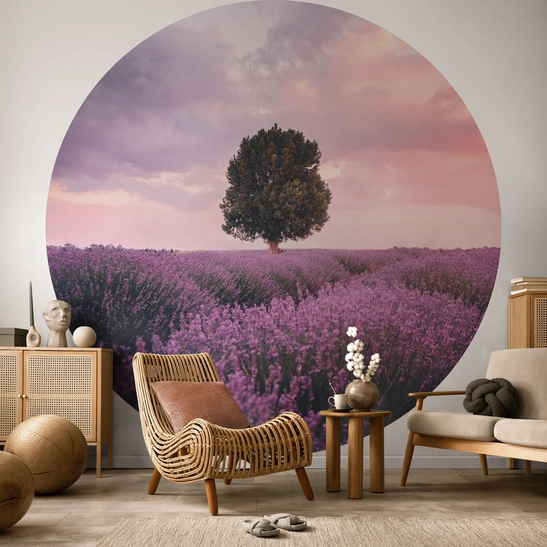 Fototapete Lila Lavendelfelder bei Sonnenuntergang - Cevik - Rund - Selbstklebend/Vlies 