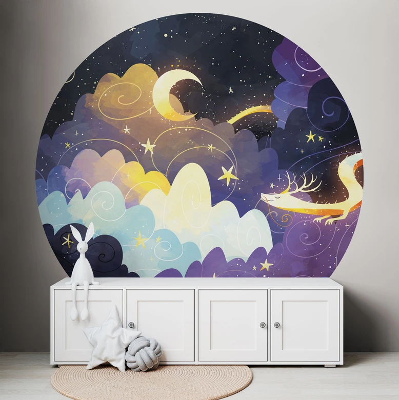 Kinder-Fototapete Drachenflug durch Sternenwolken - DigitalArtsi - Rund - Selbstklebend/Vlies 