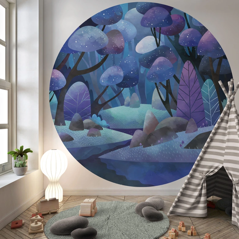 Fotomural infantil Bosque encantado azul noche - DigitalArtsi - Redondo - Autoadhesivo/no tejido 