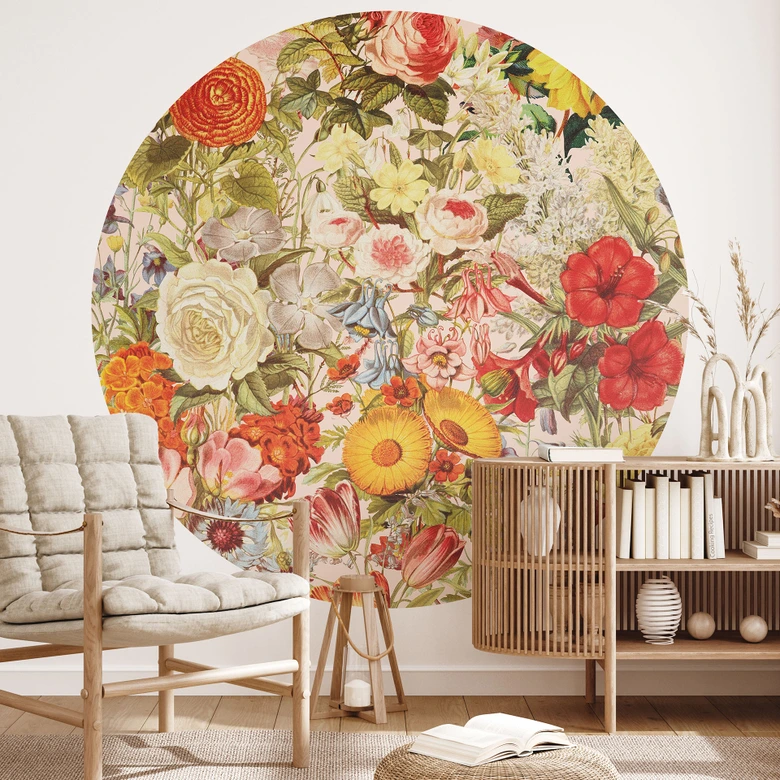 Kolorowa kwiatowa fototapeta z kolażem - Kwiatowa fototapeta - Frida Floral Studio - Okrągła - tapeta flizelinowa/tapeta flizelinowa samoprzylepna 