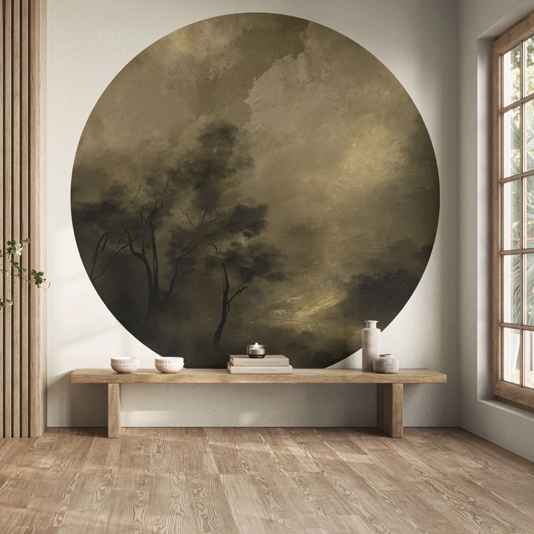 Fototapete Wald - Bäume im Nebel der Dämmerung - Hobday - Rund - Selbstklebend/Vlies 