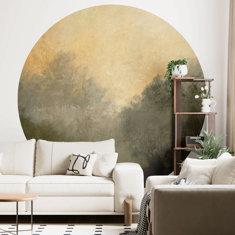 Fototapete Verborgenes Licht im Morgennebel | Minimalistische Landschaft - Hobday - Rund - Selbstklebend/Vlies 