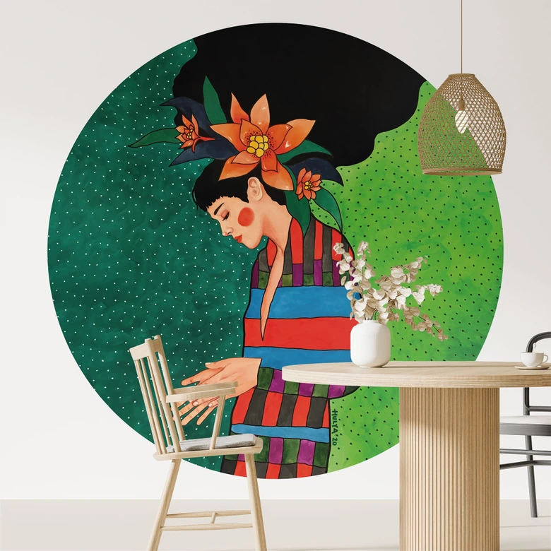 Fototapete Frau im Streifenkleid mit orangen Blüten - Hülya - Rund - Selbstklebend/Vlies 