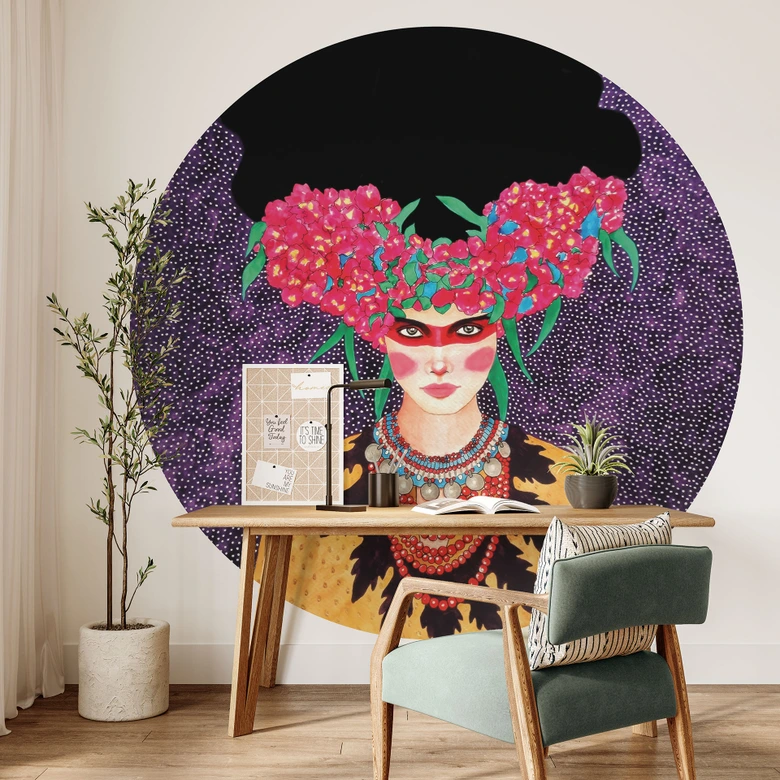 Fotobehang Vrouw met bloemenkrans en stijfsel - Hülya - Rond - Zelfklevend/niet-geweven 