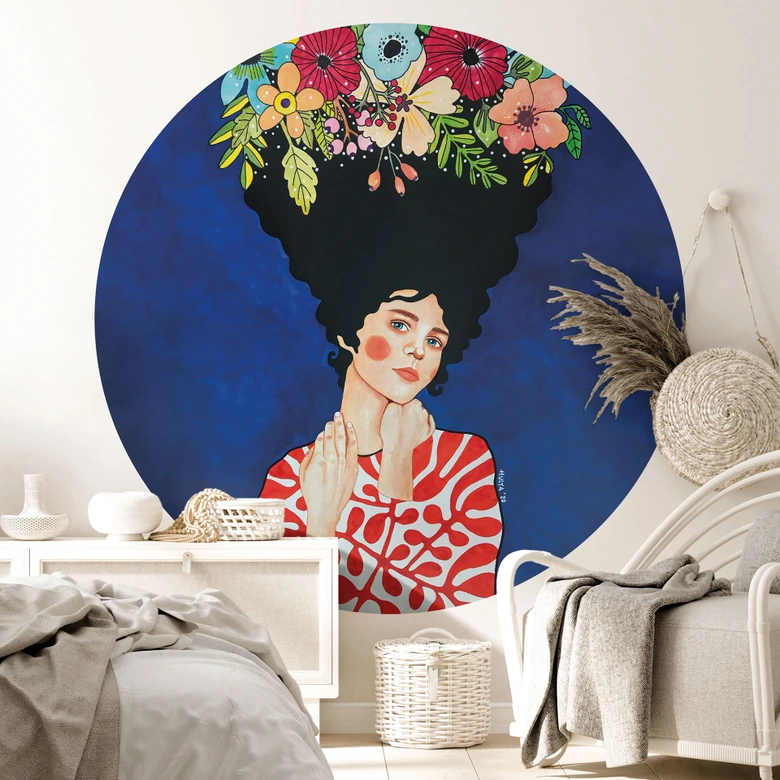 Wall Mural Woman with flowers in her hair - Hülya - Round - Self-adhesive/non-woven 