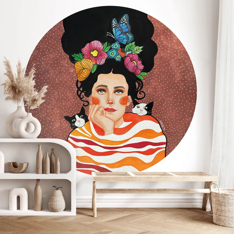 Papier peint photo femme avec couronne de fleurs et chats - Hülya - rond - adhésif/non tissé 