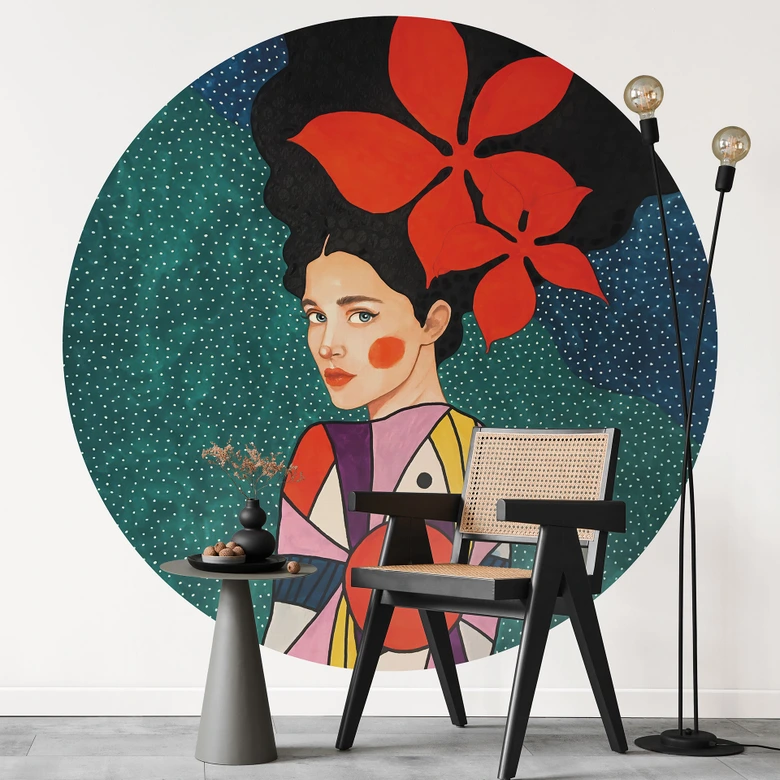 Wall Mural Woman with red flowers and patterned dress - Hülya - Round - Self-adhesive/non-woven 