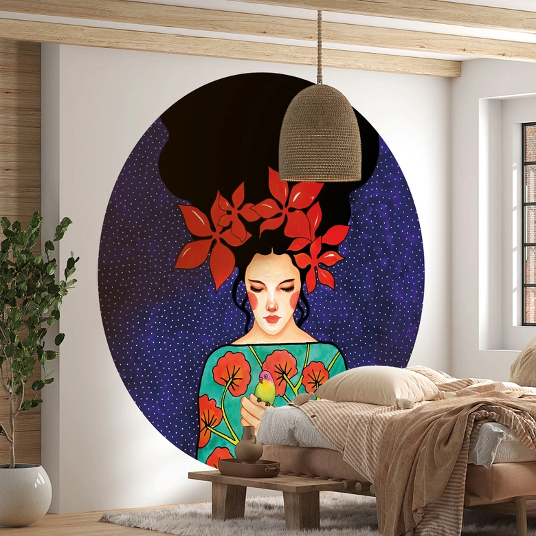 Fototapeta Kobieta z koroną kwiatową i ptakiem - Hülya - Okrągła - Samoprzylepna / nietkana 