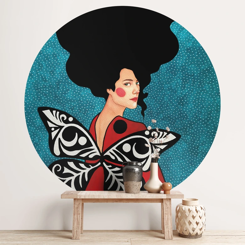 Fototapete Frau mit Schmetterlingsflügeln - Hülya - Rund - Selbstklebend/Vlies 