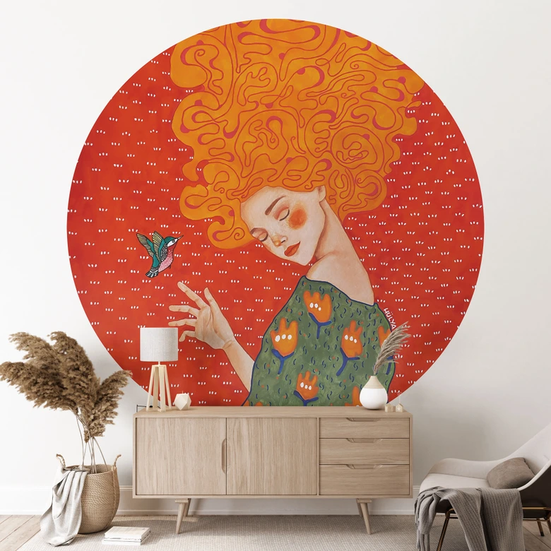 Wall Mural Hummingbird and woman in red light - Hülya - Round - Self-adhesive/non-woven 