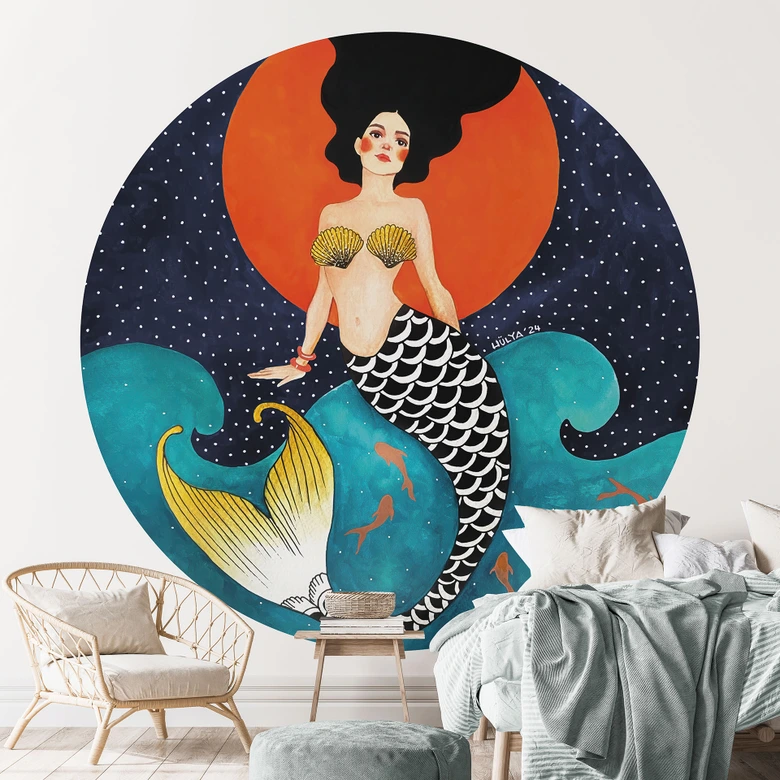 Maritime Fototapete Meerjungfrau im roten Mondlicht - Hülya - Rund - Selbstklebend/Vlies 