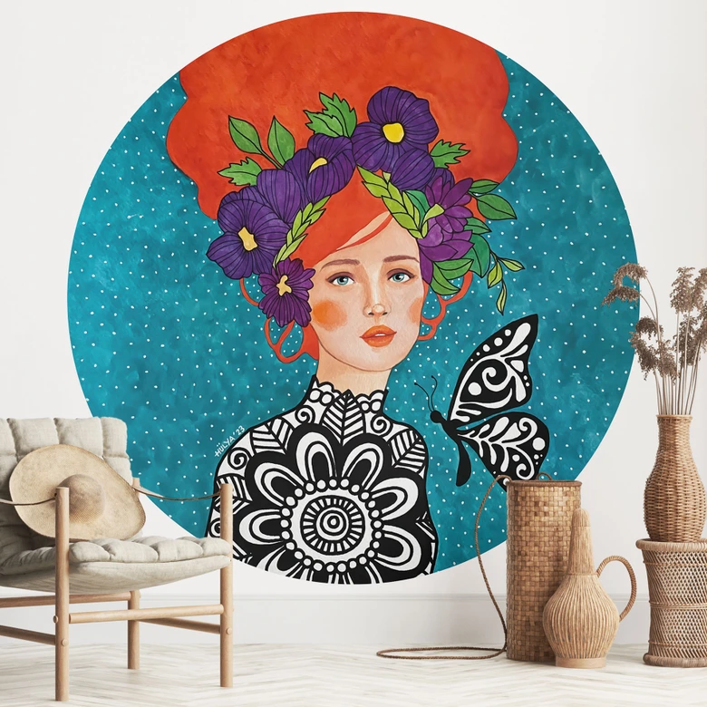 Wall Mural Butterfly woman with wreath of flowers - Hülya - Round - Self-adhesive/non-woven 