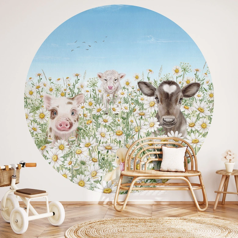 Kinderzimmer Fototapete - Bauernhoftiere auf der Blumenwiese - Kikki Belle - Rund - Selbstklebend/Vlies 