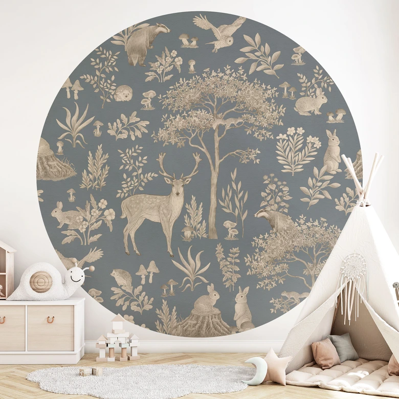 Papier peint photo Forêt enchantée avec animaux - bleu vintage - Kikki Belle - Rond - papier peint intissé/papier peint intissé autocollant 