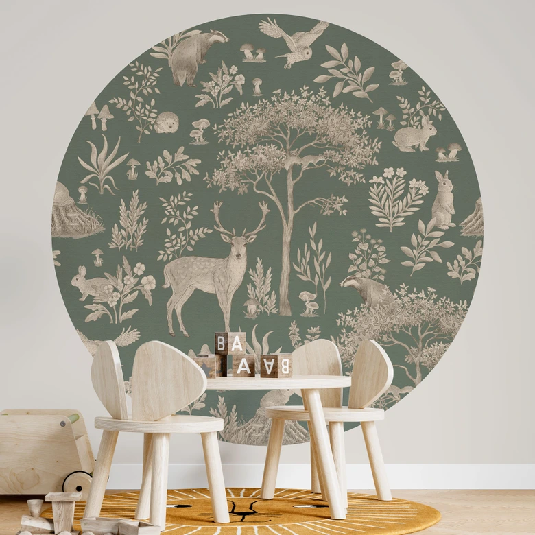 Fortryllende skov med dyr tapet - Vintage grøn - Kikki Belle - Rund - vliesetapet/selvklæbende non-woven tapet 