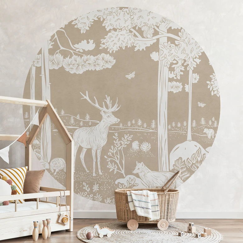 Wall Mural Autumn forest with deer and foxes - Brown - Kikki Belle - Round - non self-adhesive/self-adhesive wallpapers 