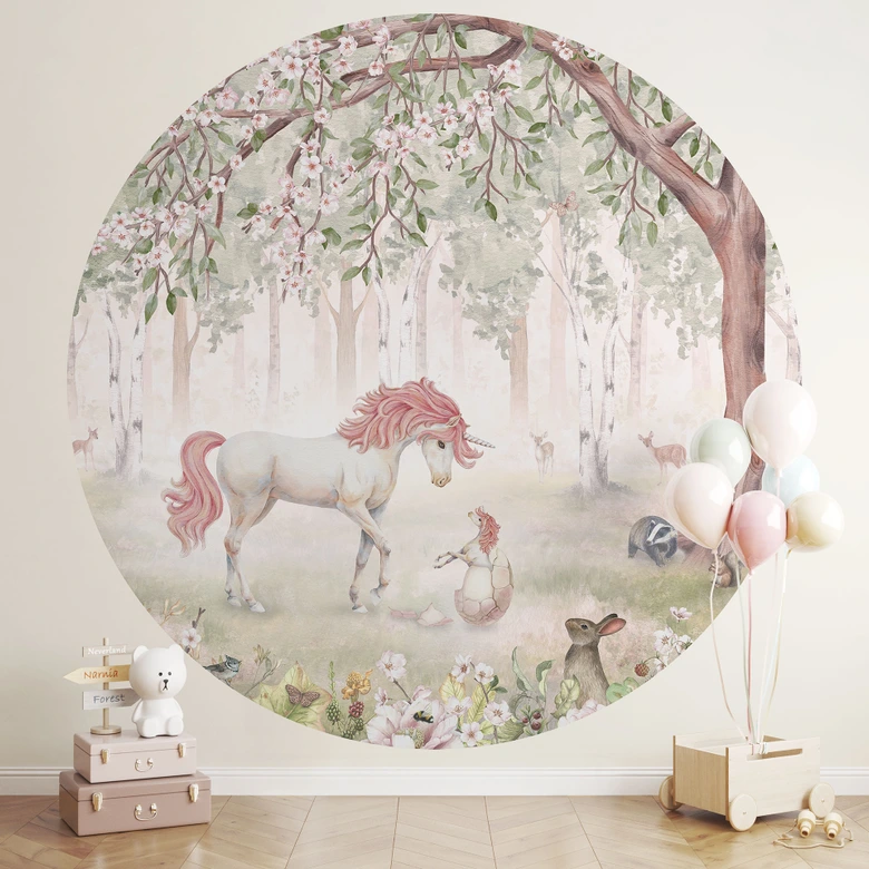Kinderzimmer Fototapete Märchenhafter Wald mit Einhörnern - Kikki Belle - Rund - Selbstklebend/Vlies 