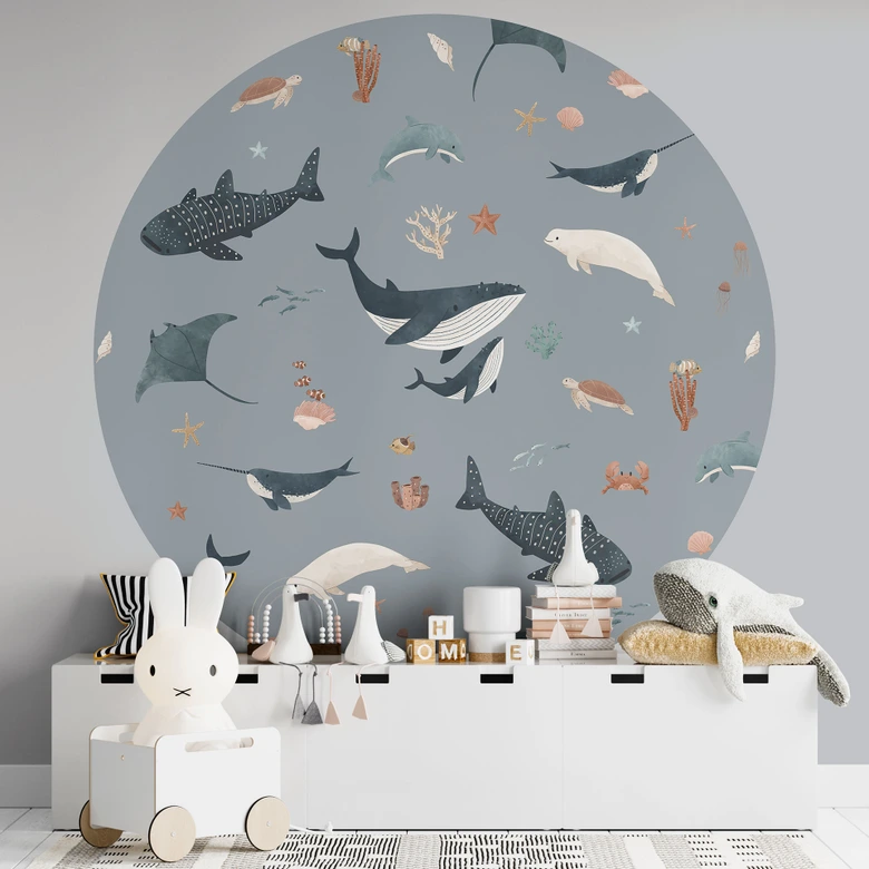 Morski podwodny świat - Wieloryby i zwierzęta morskie - Fototapeta Kikki Belle - Okrągła - tapeta flizelinowa/tapeta flizelinowa samoprzylepna 