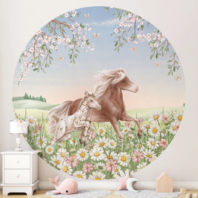 Fototapete Pferde auf der Blumenwiese | Kindertapete mit Pferdemotiv - Kikki Belle - Rund - Selbstklebend/Vlies 