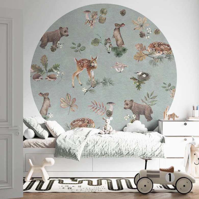 Fawn en bosvriendjes muurschildering - dieren voor kinderen - blauw - Kikki Belle - Rond - vliesbehang/zelfklevend vliesbehang 